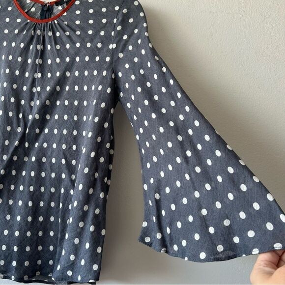 SMYTHE Bardot Polka Dot Blouse Navy/Rust - Picture 2 of 10